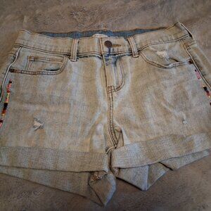 Old Navy women's cuffed shorts denim jean light blue rainbow embroidery trim 0